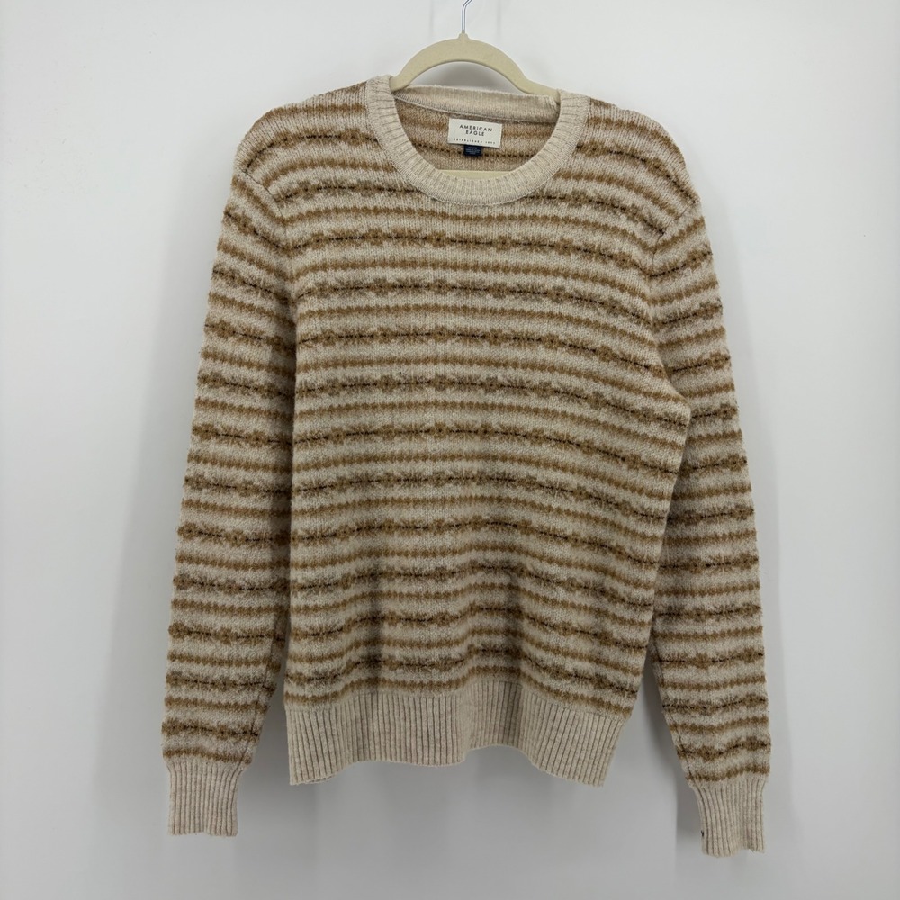 American Eagle Womens Medium Tan Striped Fuzzy Knit Crewneck Pullover Sweater
